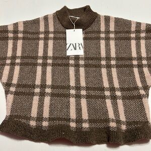 ZARA Brown and Pink Plaid Mock Neck Sweater